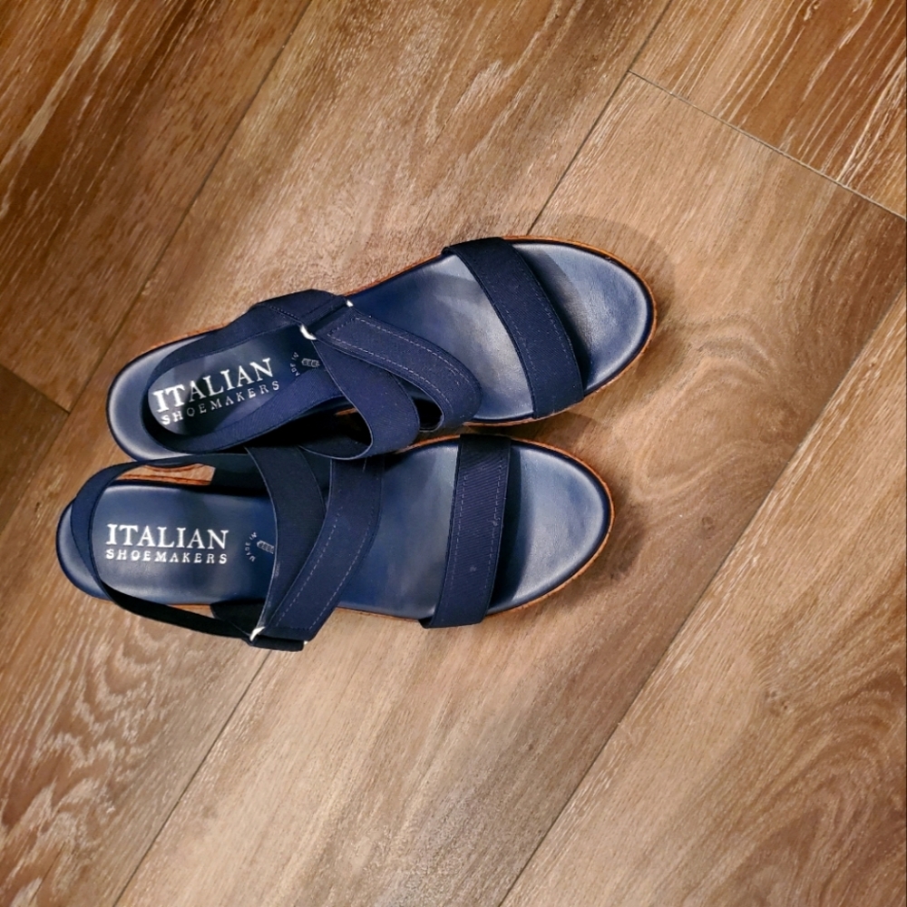 Italian Shoemaker navy blue wedge heel 3 1/2 inch sandals. Brown heel.